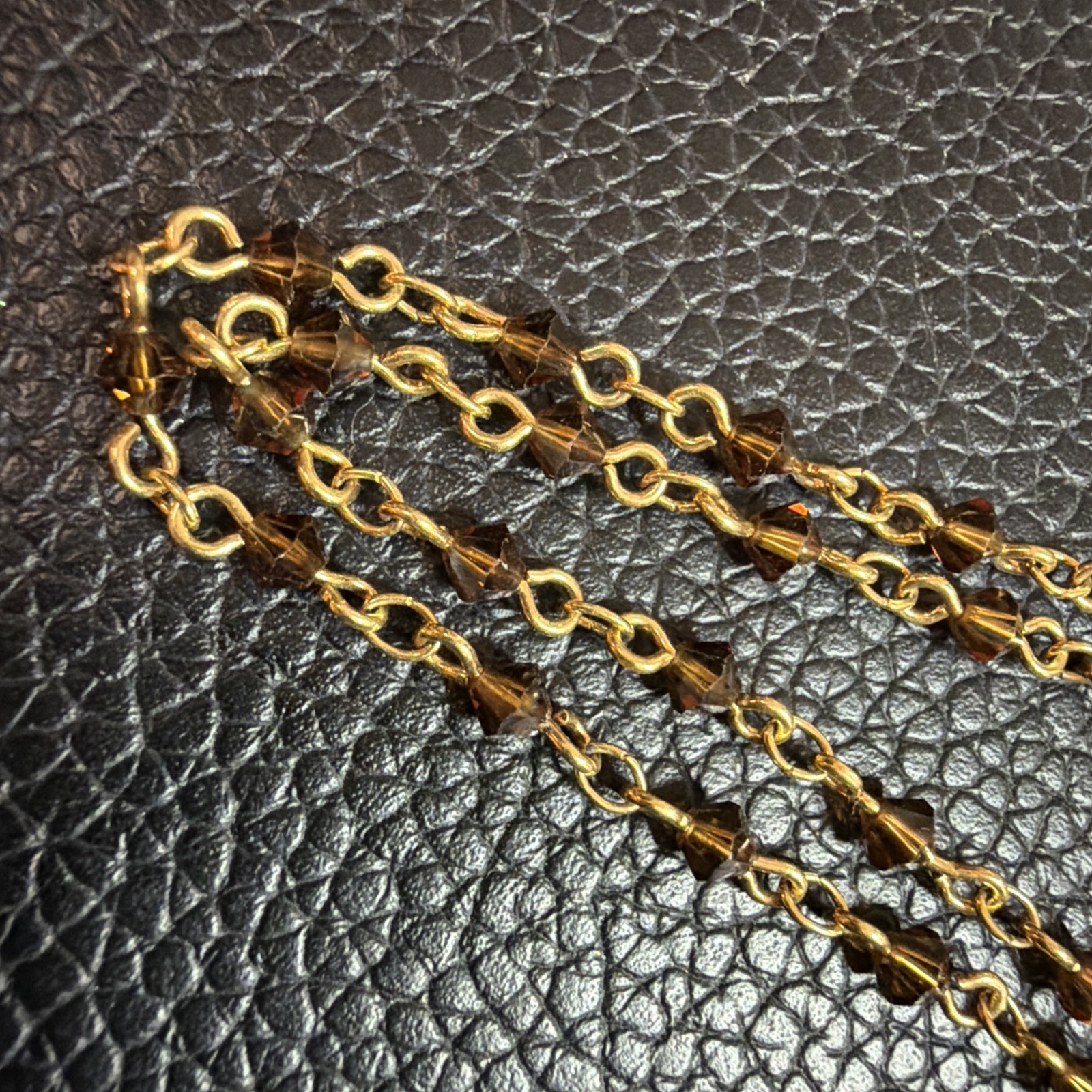 Vintage AUSTRIAN CRYSTAL USA – Gold tone Amber-Brown Color Crystals 35” Neck
