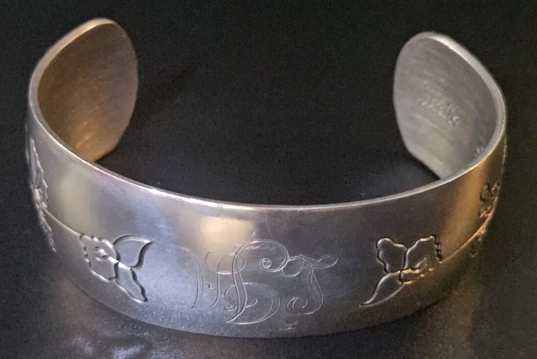 Violet: MJ Pewter Stamped; February Flower of The Month, Cuff Bracelet Violet