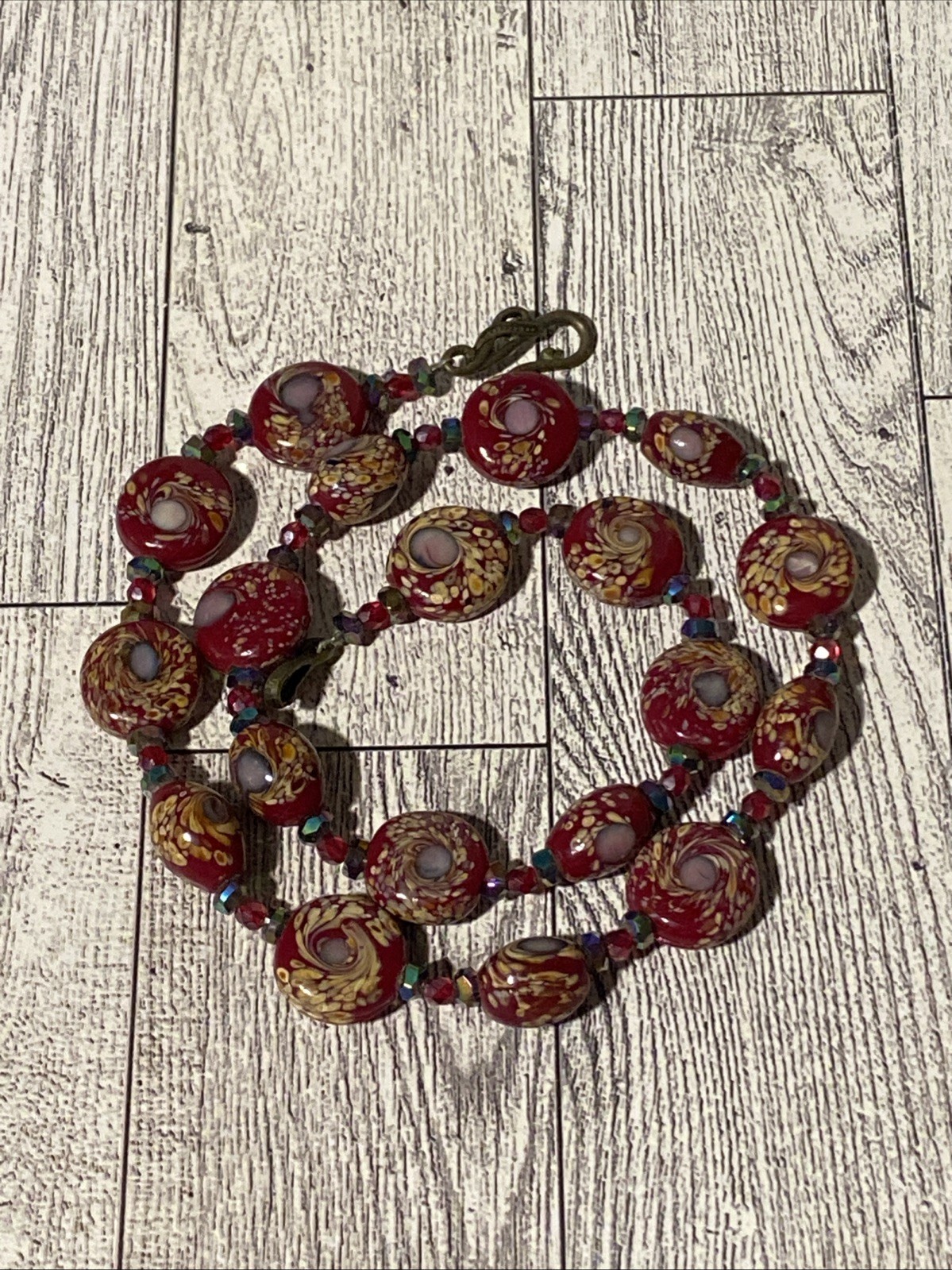 Vintage Red Millefiori Art Glass AB Iridescent Beaded Necklace Murano Style