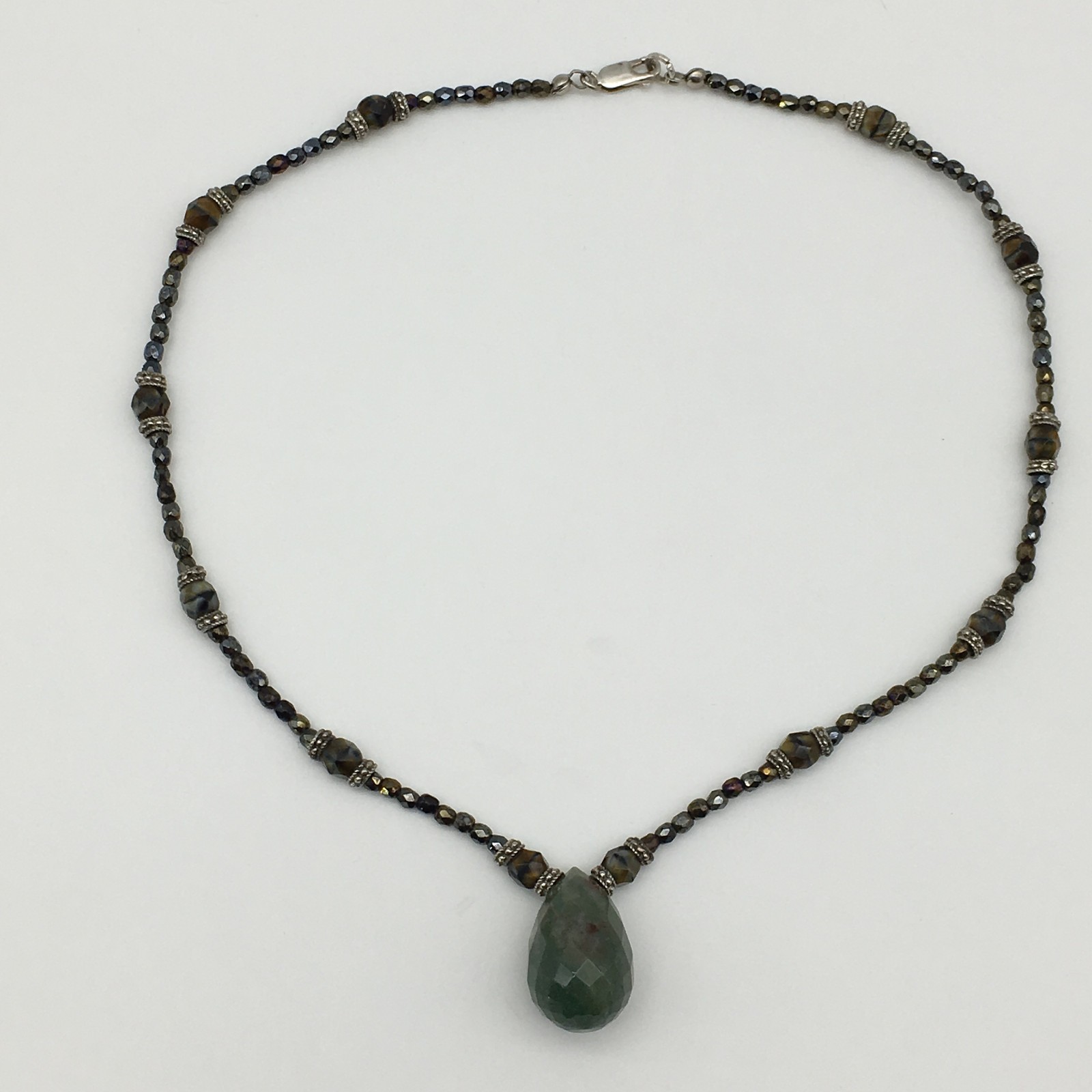 Vintage Blood Stone Pendant Crystal Hematite Czech Beads Sterling 16″ Necklace