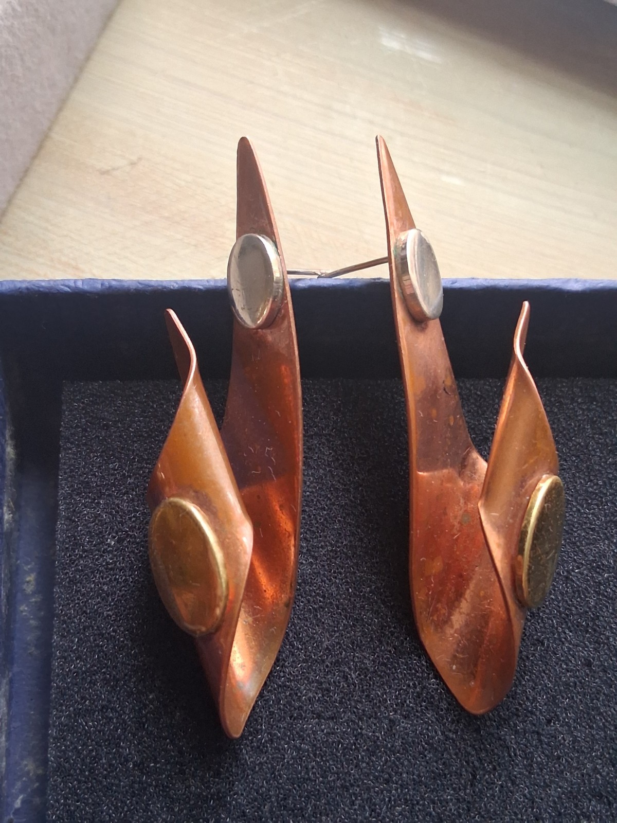 Mid century modern MCM copper abstract mixed metal large earrings