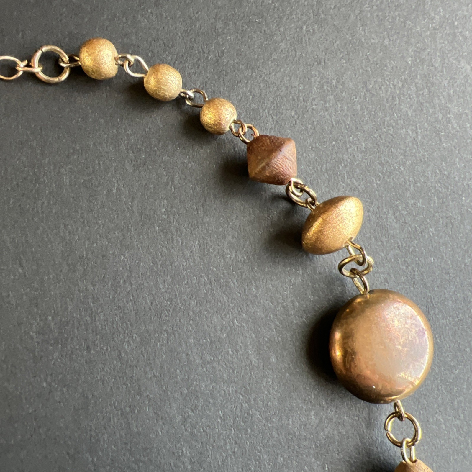 Vintage Turquoise Chip Inlay Beads Amber Mother of Pearl Abalone Bronze Necklace