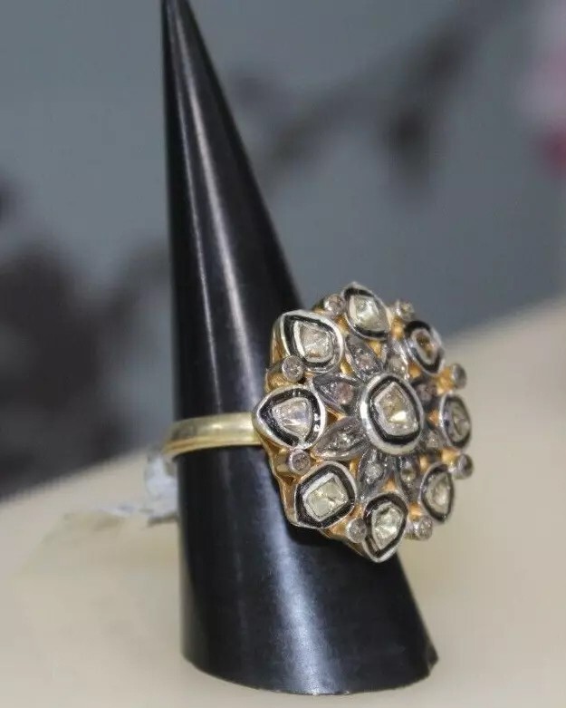 1.24ct Polki Rose Cut Diamond Victorian Look 925 Silver Ring