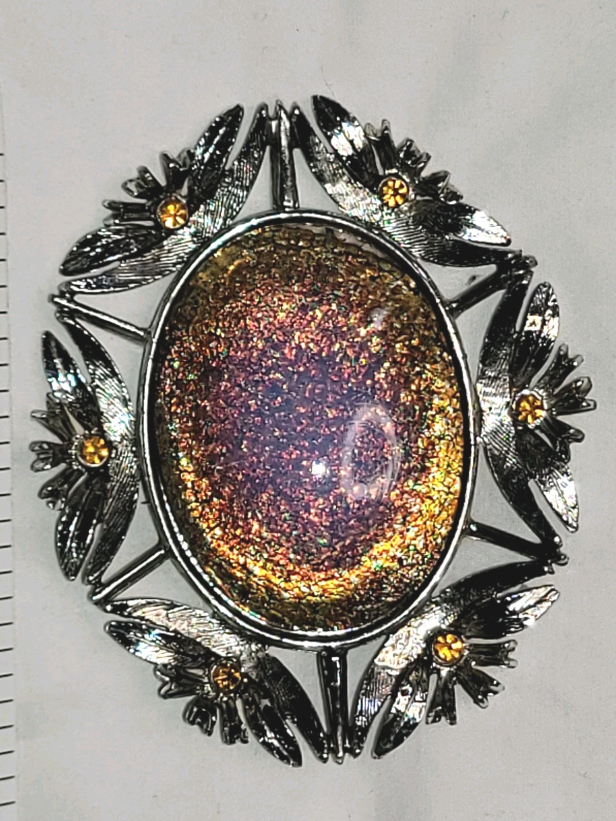 Vtg MCM Glass Foil Art Brooch Pendant Rhinestones Silver Tone Lg Whimsical Fairy