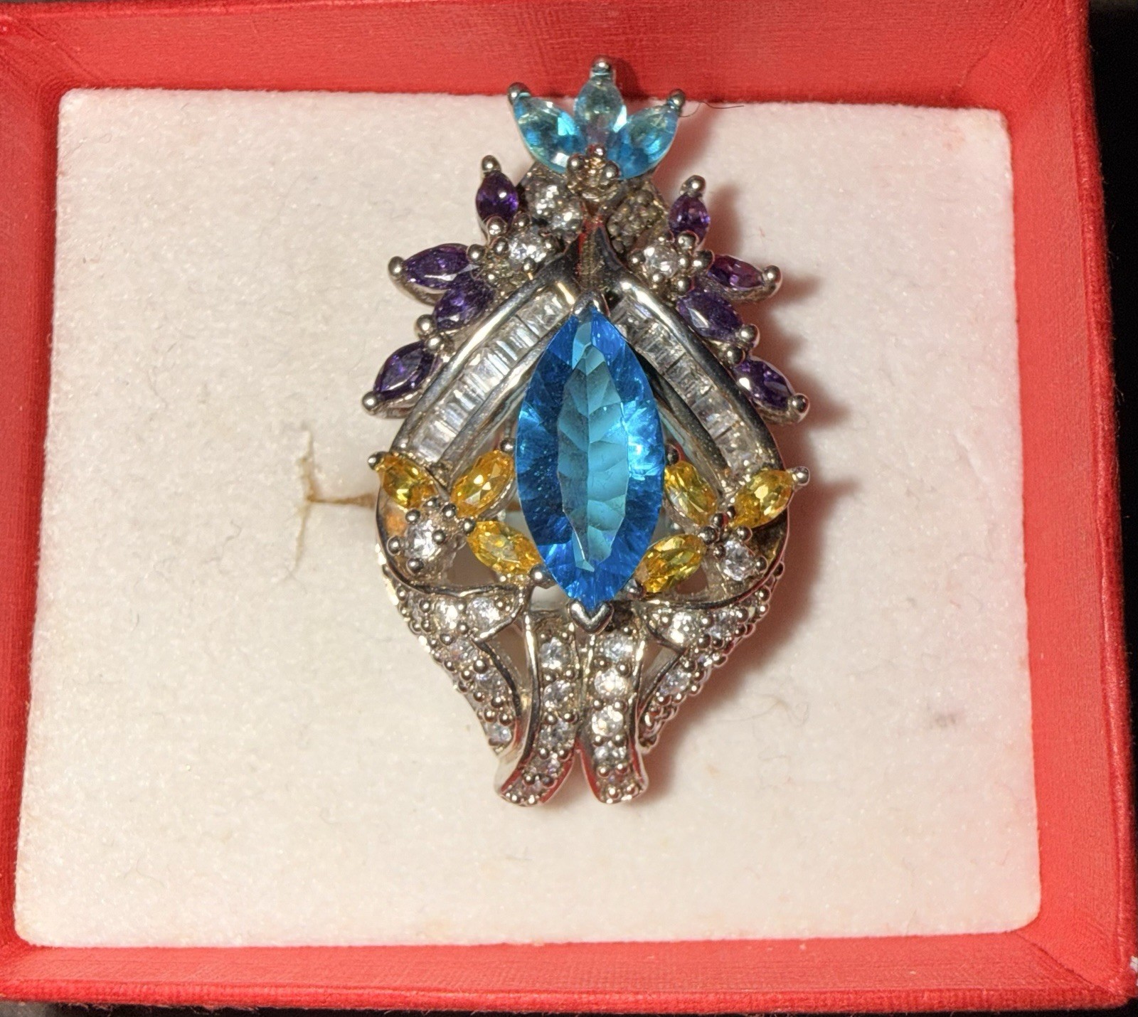 Silver Cocktail Ring with Multicolor Gemstones, Marquise Blue Center Stone