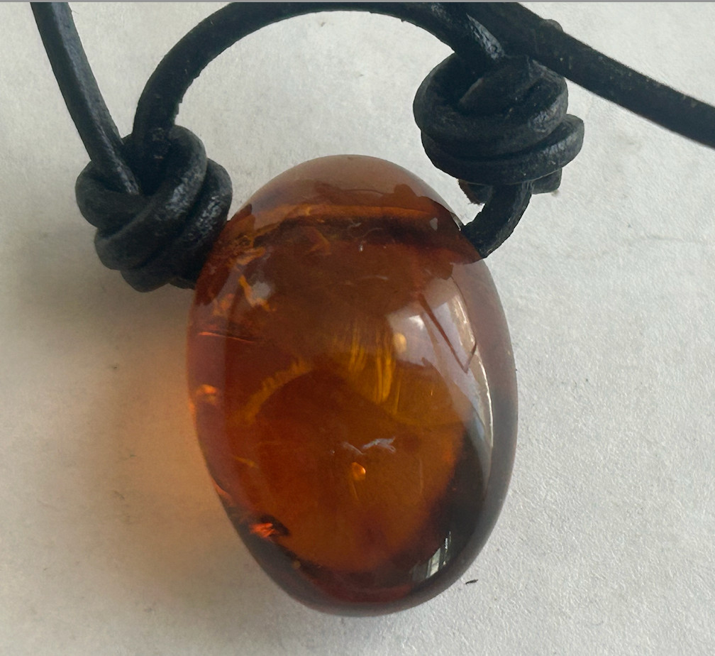 Baltic Cognac Honey Amber Teardrop Pendant Necklace Black Leather Cord