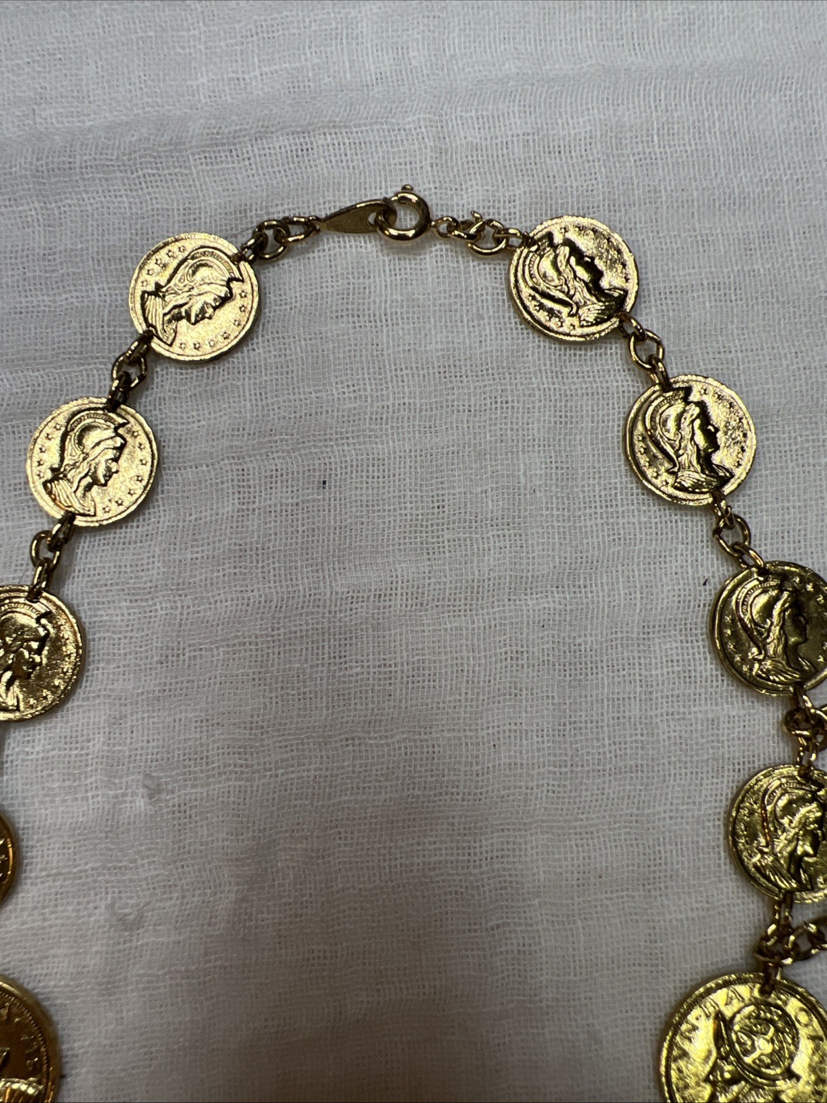 VTG Crown Trifari Roman Coin Bib Collar Necklace 15” Gold Tone Runway 1978-85