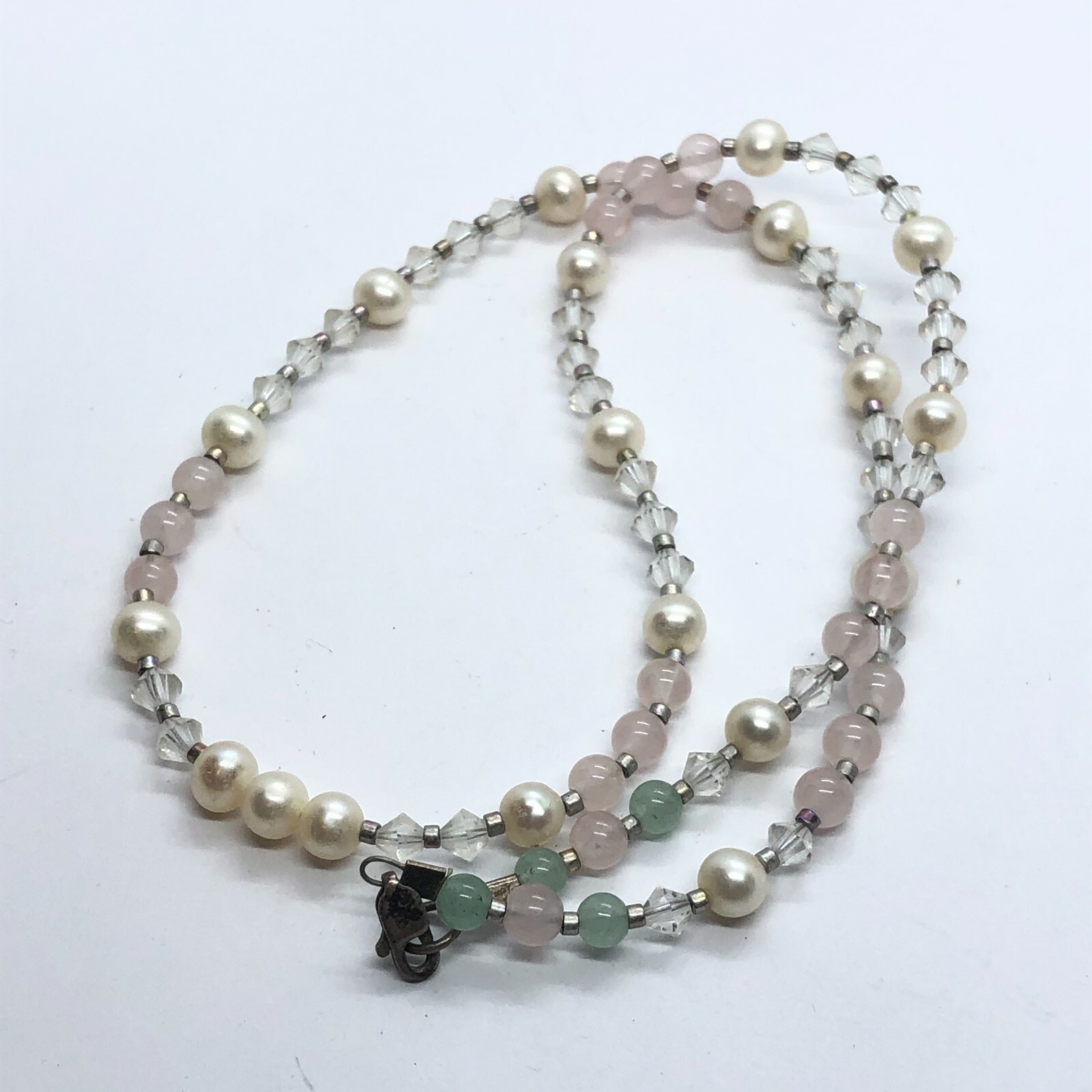 Stunning Elegant Vintage Cultured Pearl, Crystal & Rose Quartz Bead 16″ Necklace