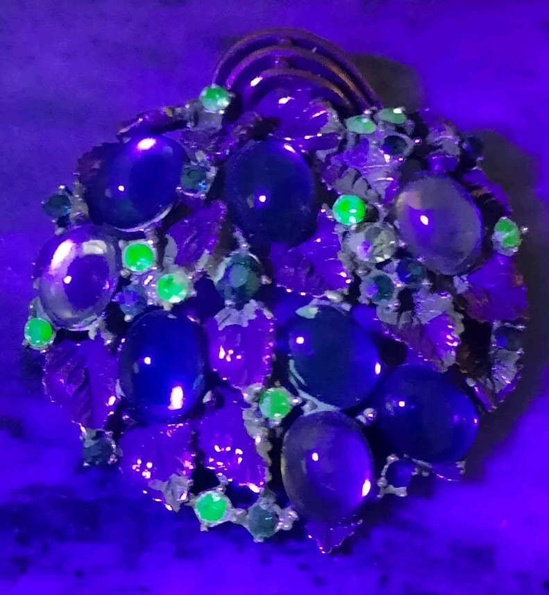 Vtg Arthur Pepper Brooch Pin Greens Cabochon Rhinestone Gold Leaves Gripoix RARE