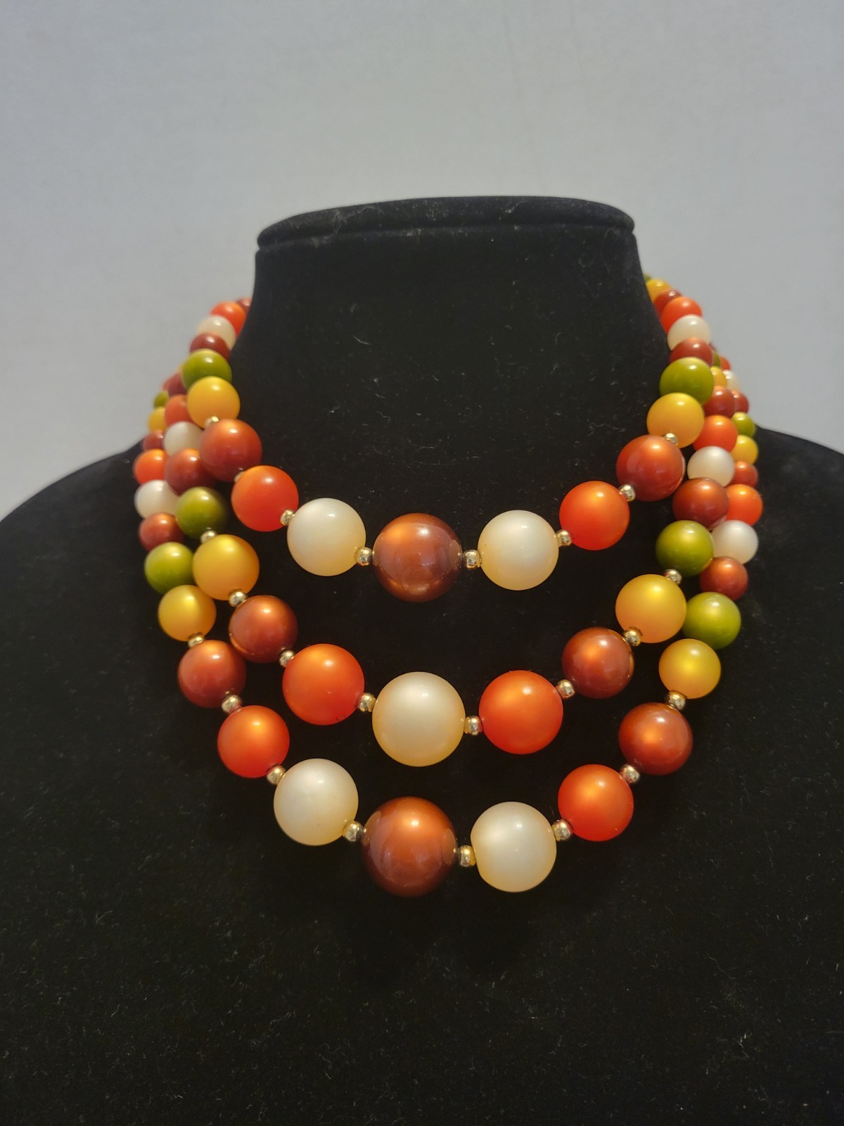 Gorgeous Coro 3 Strand Beaded Choker Necklace Runway Vintage Fall Colors