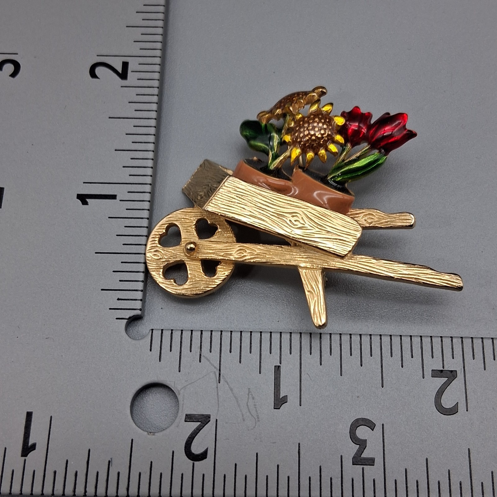 Vintage Gold Tone Enamel Wheelbarrow Brooch With Potted Sunflowers Red Tulip