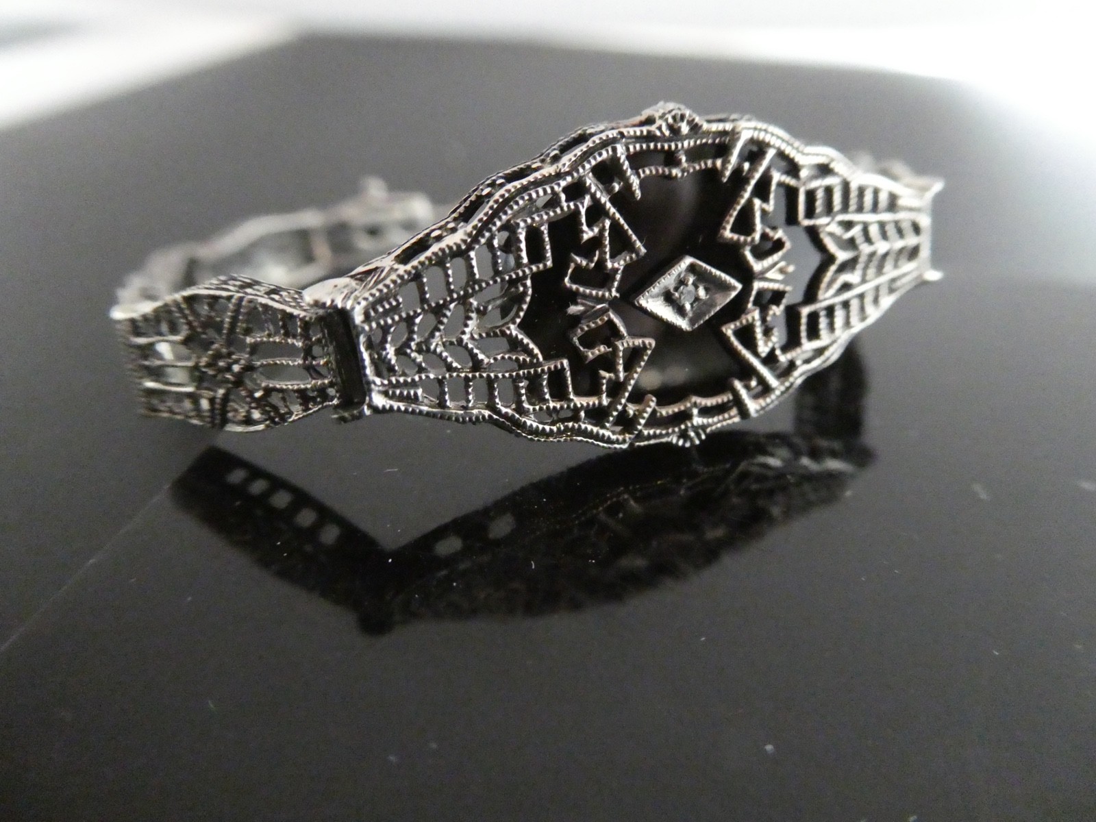 Vintage Diamond & Onyx Sterling 925 Filigree Tennis Style Bracelet Size 6 3/4″