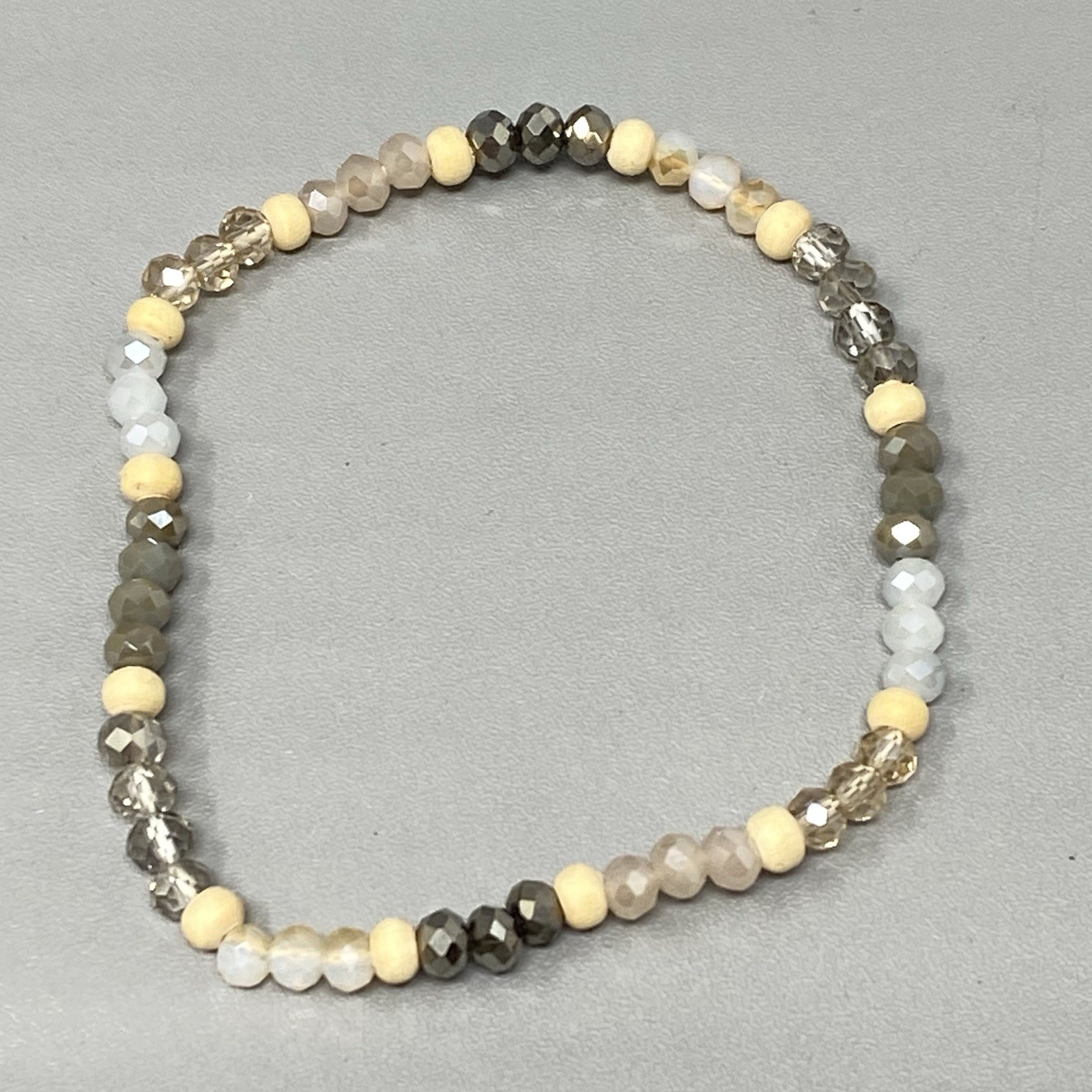 Glass Beaded Bracelet Set of 2 Cream Gray Fire Polished Faceted Tassel Stretch