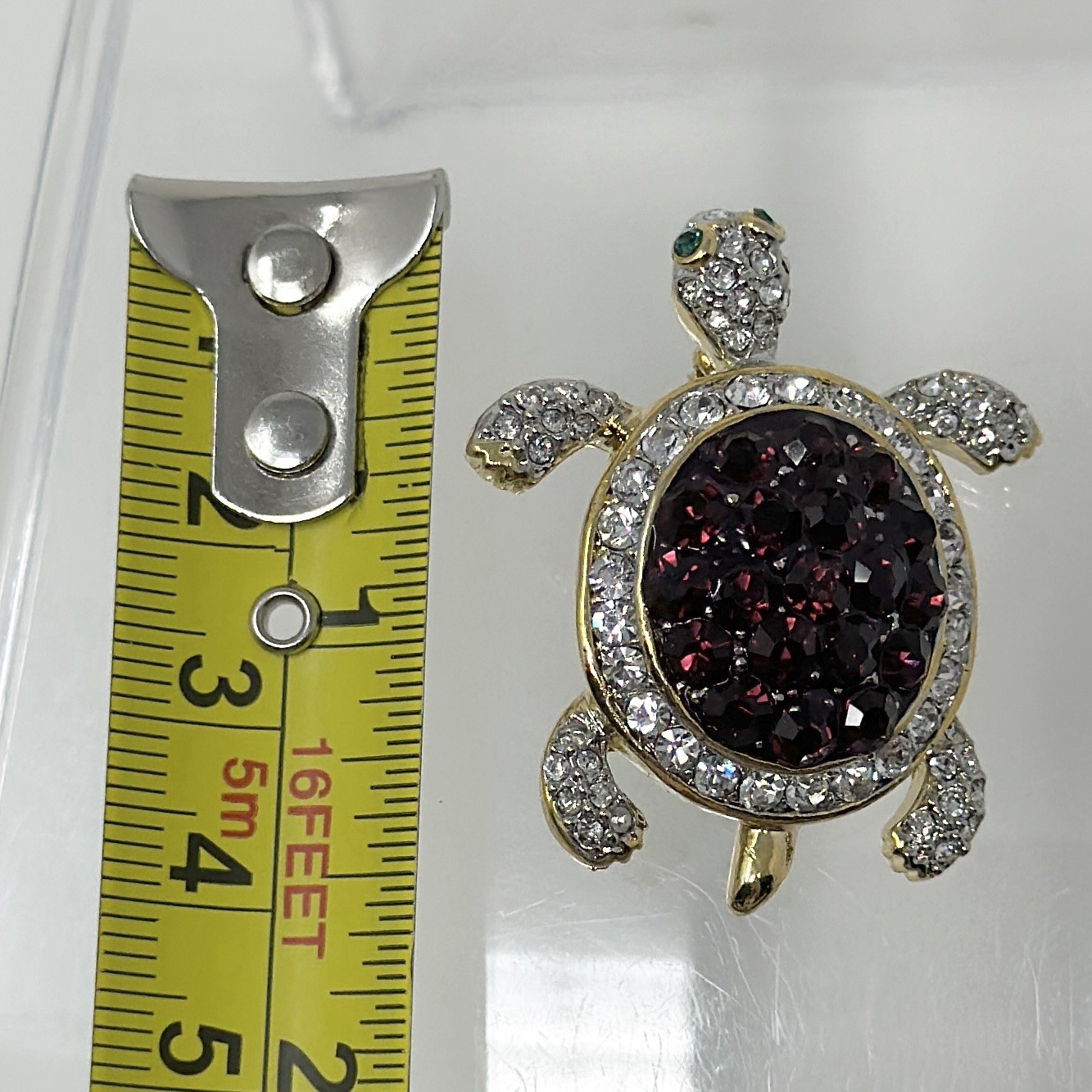 Vintage Gold Tone Turtle Purple White Green Eyes Rhinestone Brooch Pin