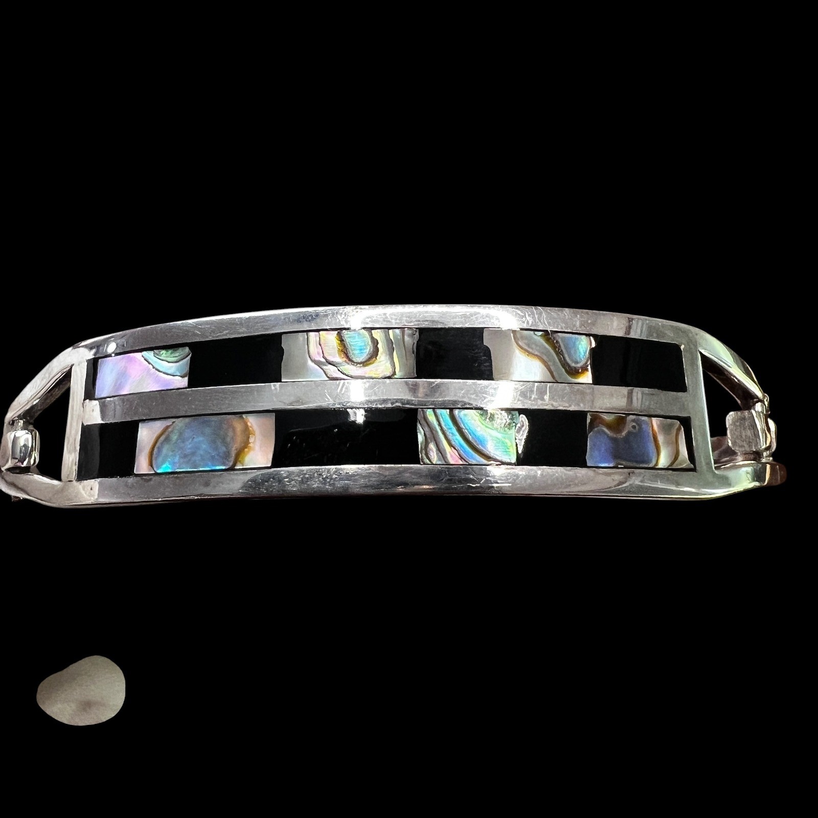 Vintage Alpaca Mexico Abalone Onyx Inlay Bangle Bracelet Silver Tone 7.25 in