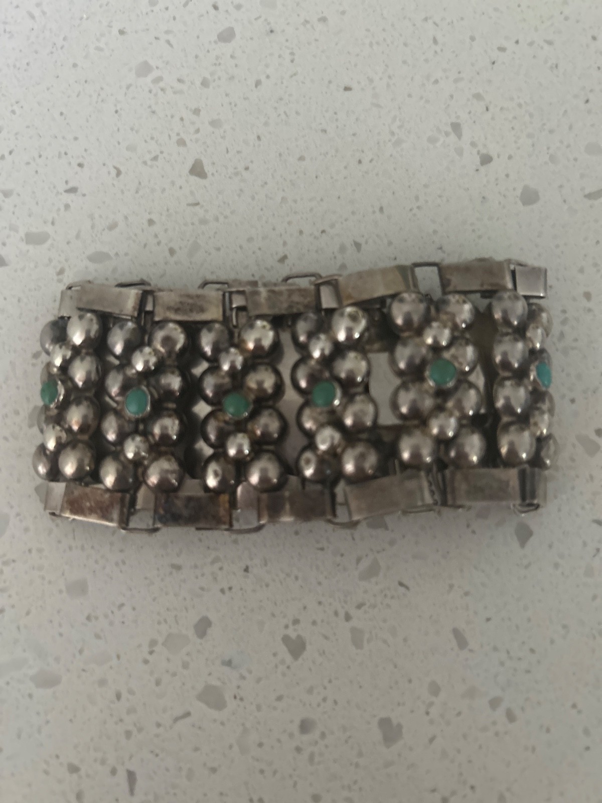 Vintage Silver Mexican Modernist Caviar Link Bracelet W/Small Cabochon Turq Ston