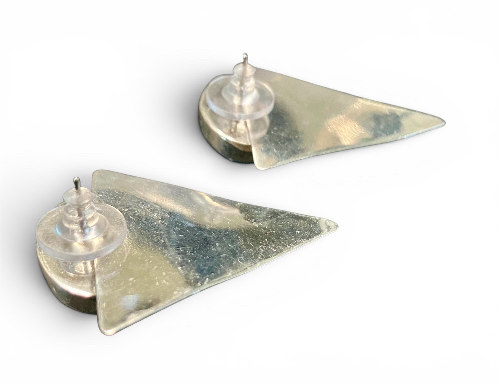 Vtg Sterling Silver Modernist Geometric Blue Cabochon Triangle Post Earrings