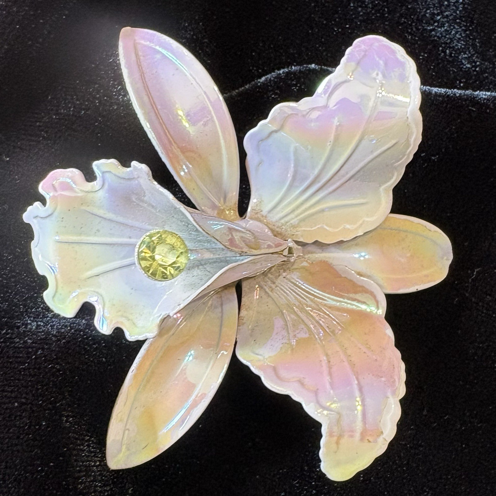 Vtg Flower Power Orchid Brooch Iridescent Lilac Purple Enamel Rhinestone PinREAD