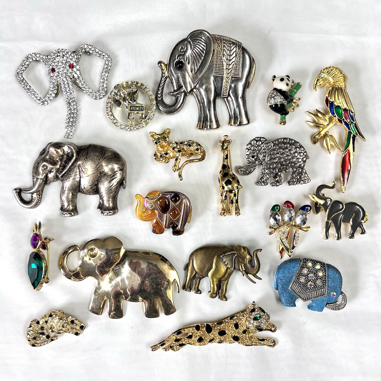 Vintage Safari Animal Brooch Pin Lot of 18 Faux Pearl Crystal Enamel Gold Tone