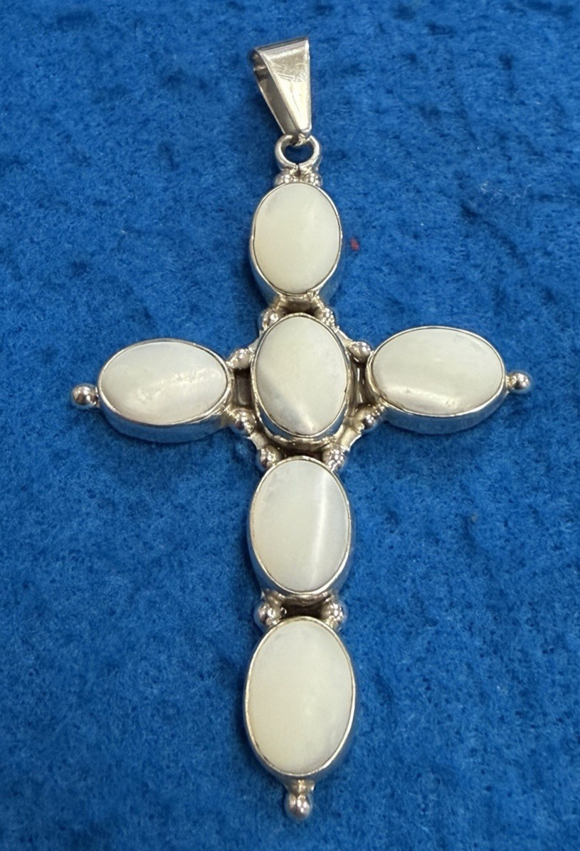 Vintage Sterling Silver Mother of Pearl Oval Cross Pendant