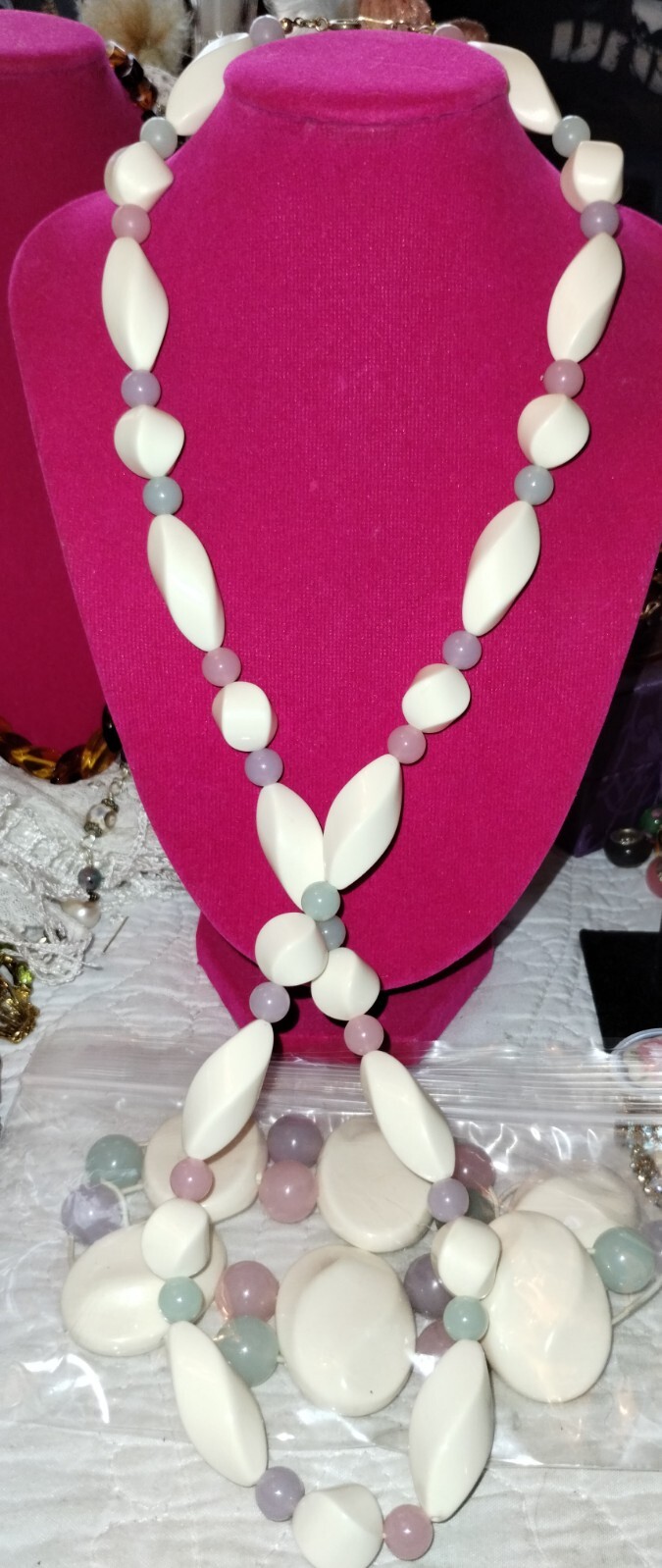 VINTAGE Lucite Parure Cream White & Pastel Pink,Purple,Green W/Bracelet&Earring