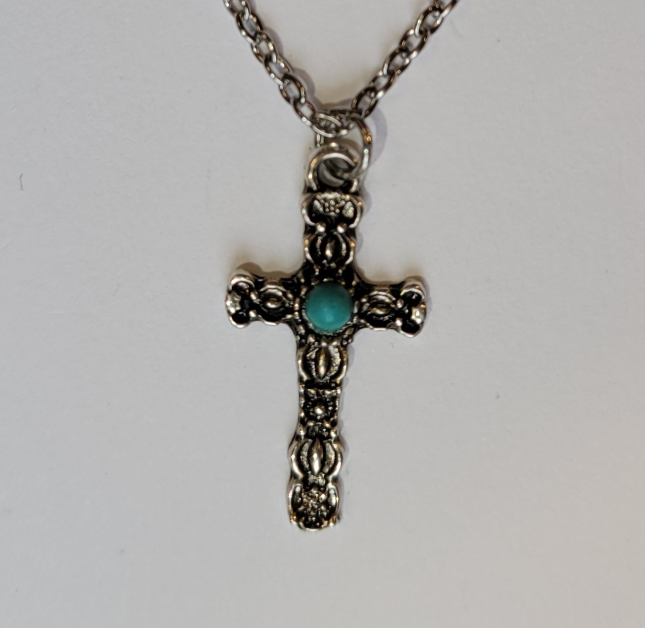 Southwestern Cross Necklace Silver Tone Faux Blue Turquoise 18in Chain Vintage