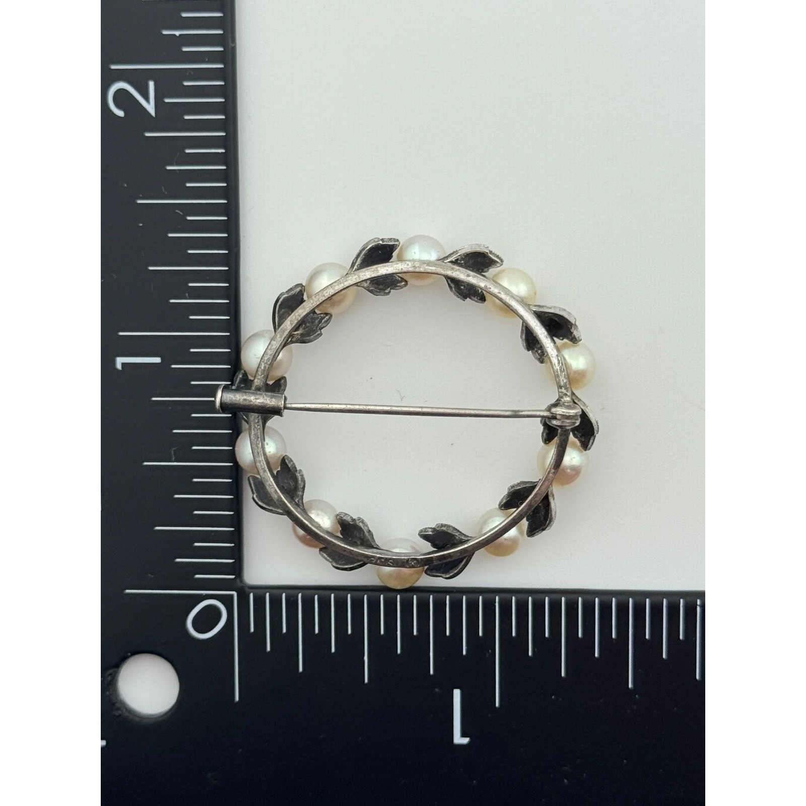 Vintage Mikimoto Wreath Brooch Sterling Silver Pearl Leaf Design Pin