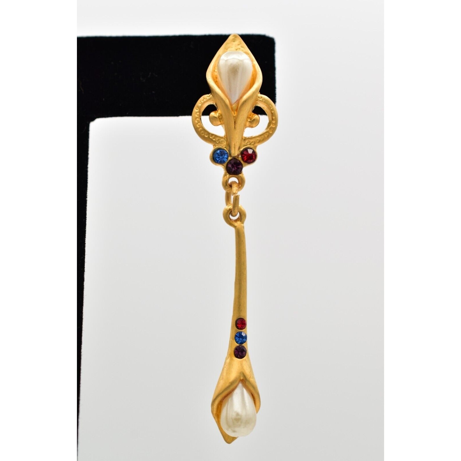 Vintage Pearl Crystal Dangle Earrings Drop Brushed Gold Matte NOS 1980s BinBK