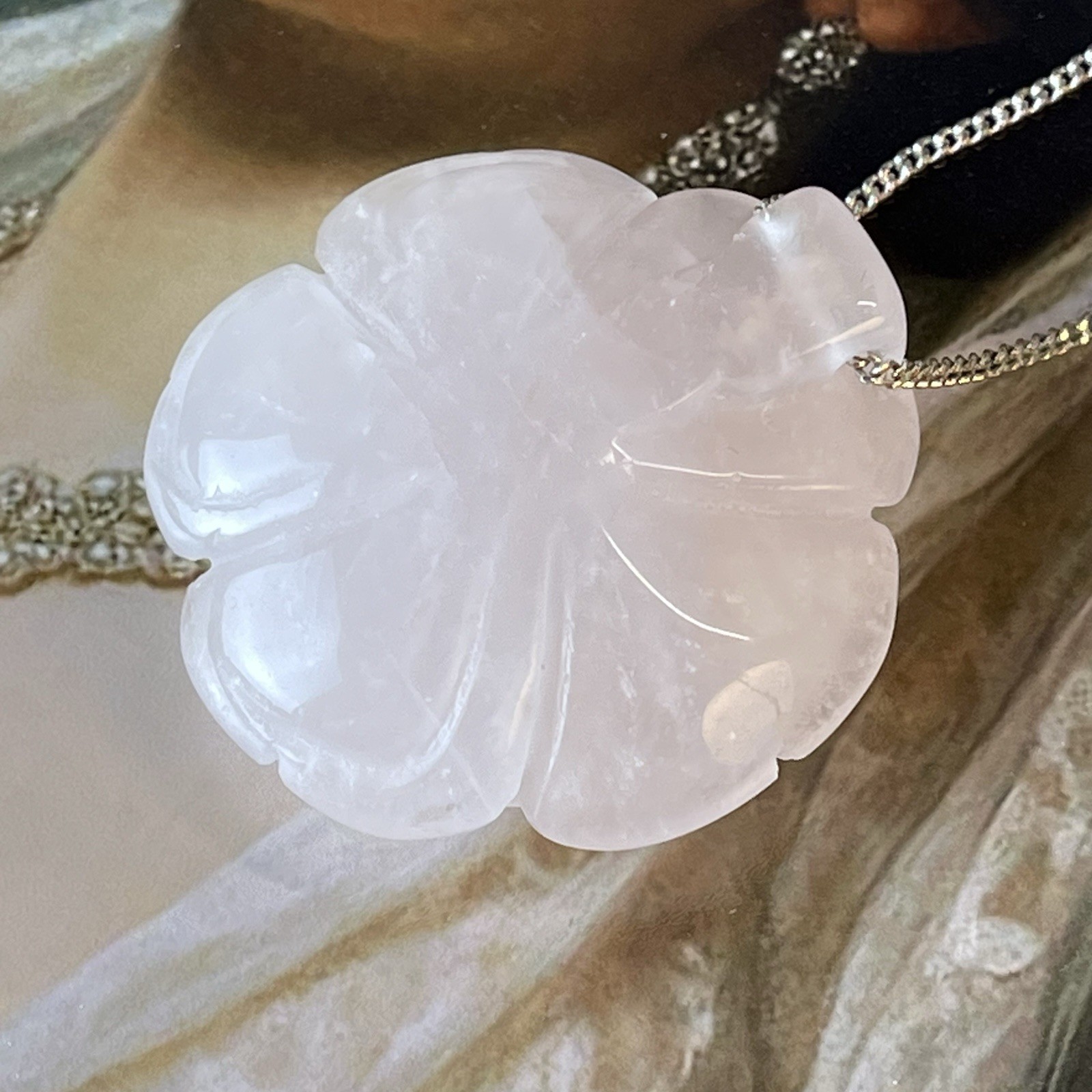 Vintage Carved White Jade Rose Pendant Necklace – 16” – Silver Tone – c1980s