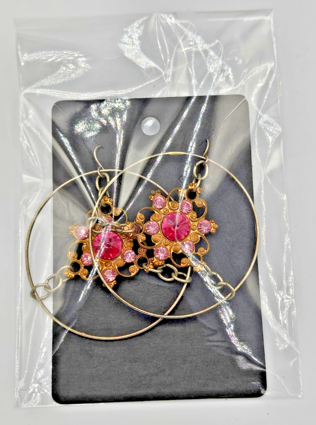 Vintage Pink Rhinestone Hoop Dangle Earrings Boho Chandelier Fish Hook