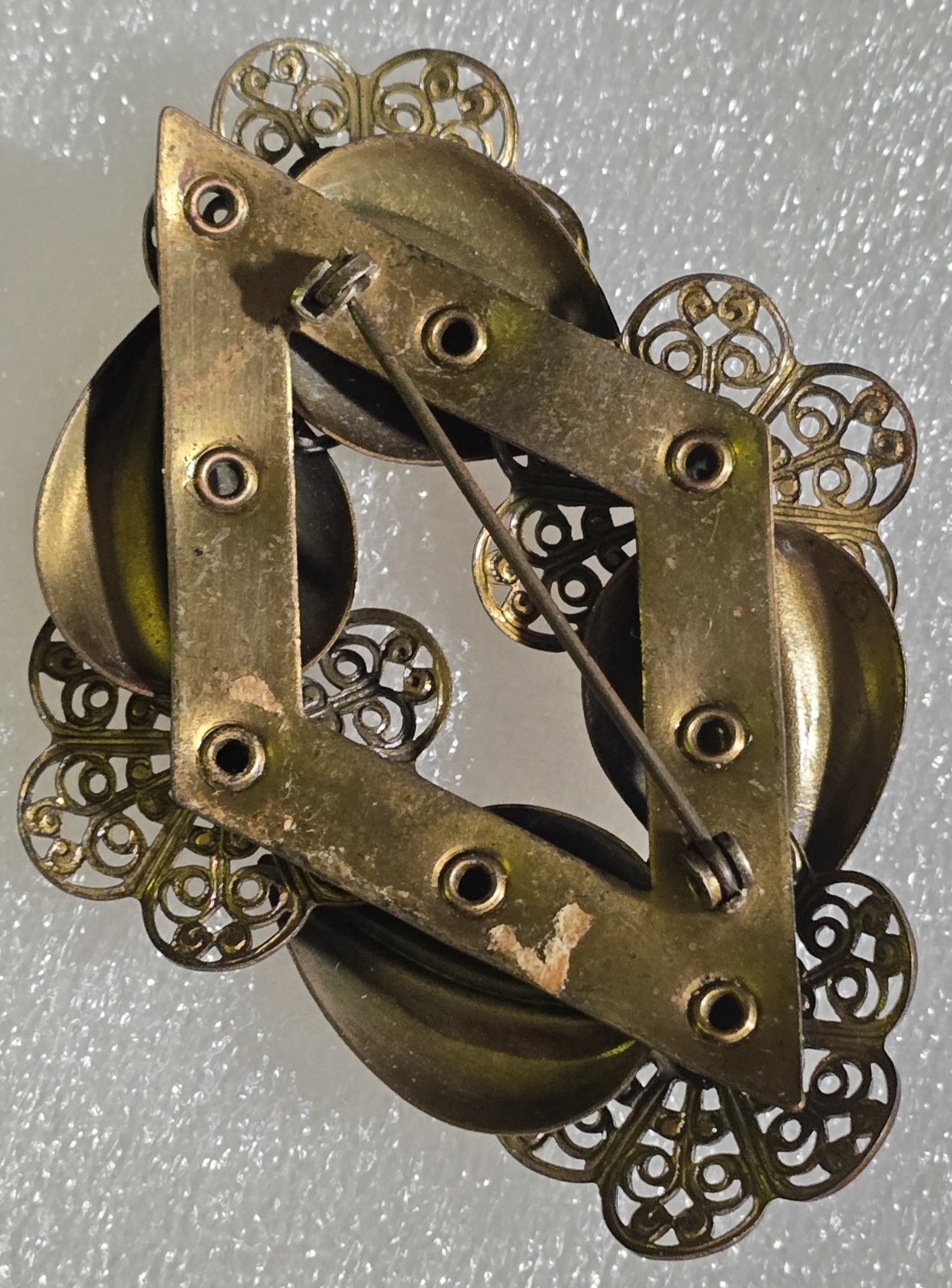 Antique Vintage Floral Filigree Brass Riveted Circle style Brooch