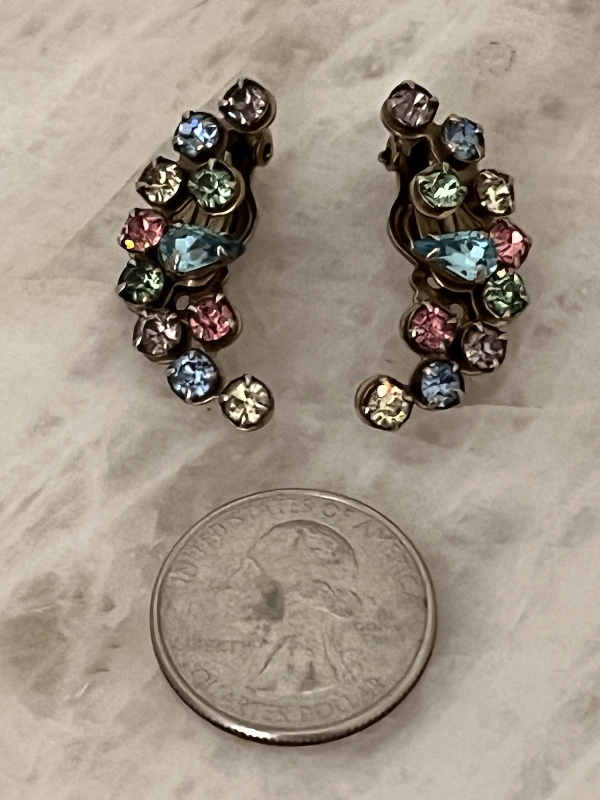 Rhinestone Clip On Earrings Purple, Blue And Clear Evening Wear