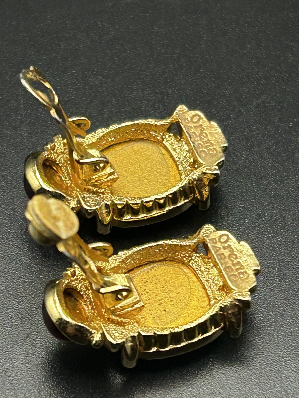 Orena Paris Signed French Vintage Crystal Faux Ruby Enamel Clip On Earrings