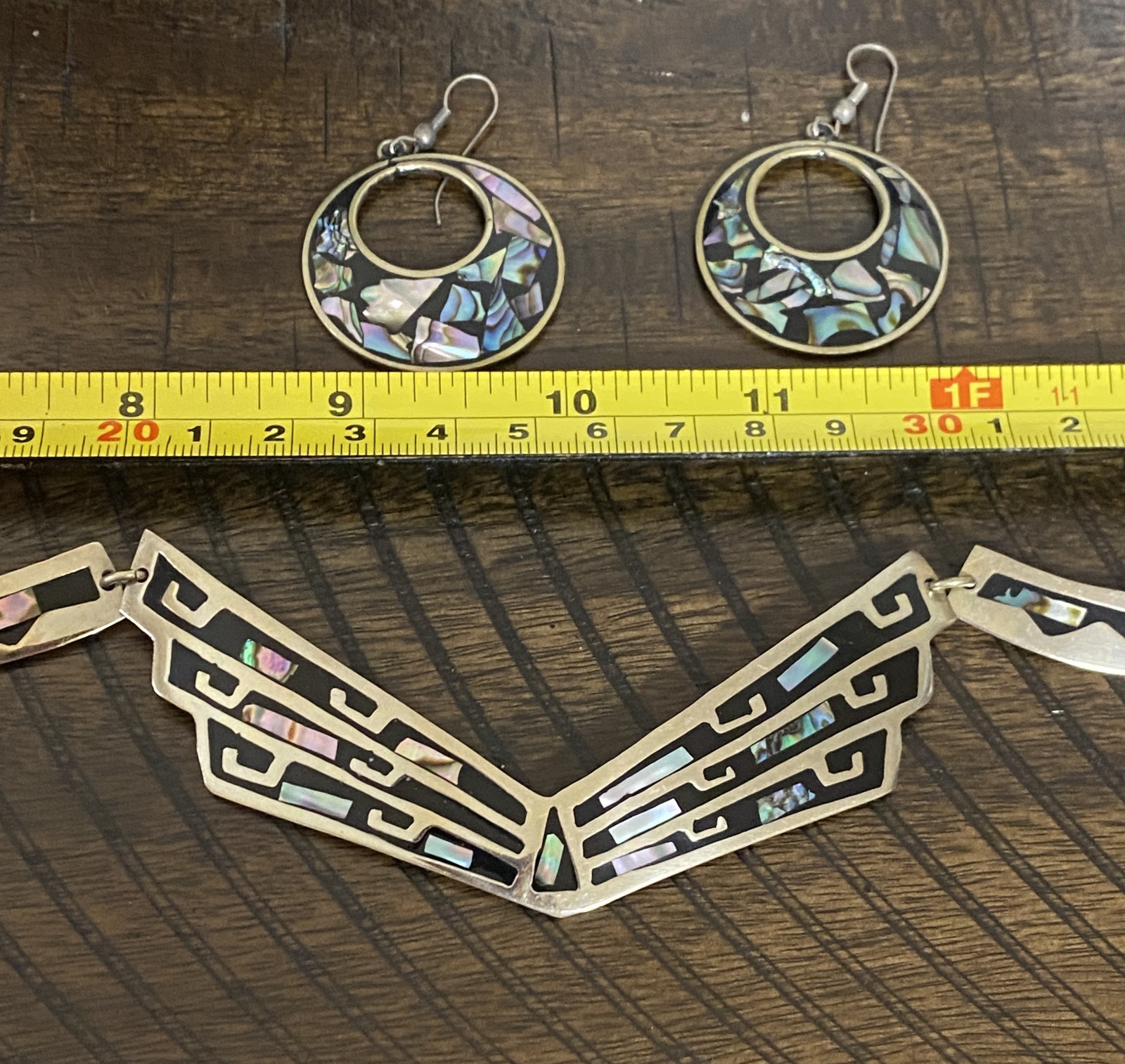 Vintage Alpaca Mex. Abalone Shell Necklace & Earring Set