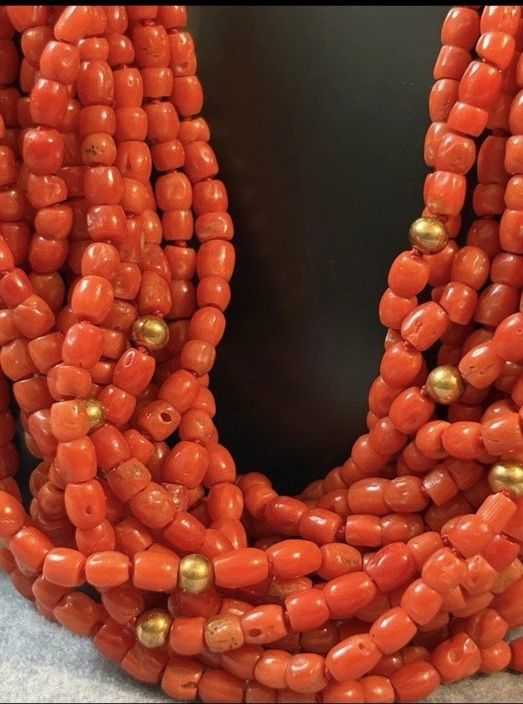 Vintage 18k Gold Multi Strand Coral Necklace Statement Chunky European 17”