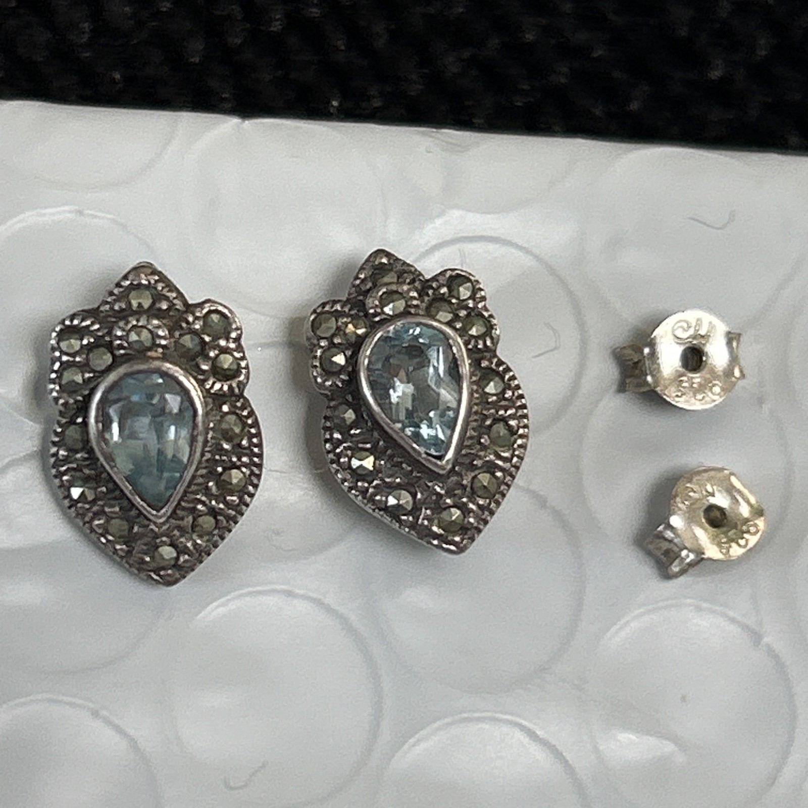 VTG CW Sterling Silver Marcasite Blue Topaz Stud Earrings 1/2” 3g