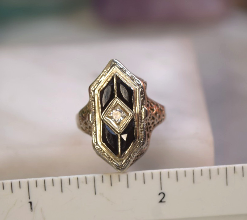 Antique Art Deco 14K White Gold Filigree Black Onyx Diamond Ring sz