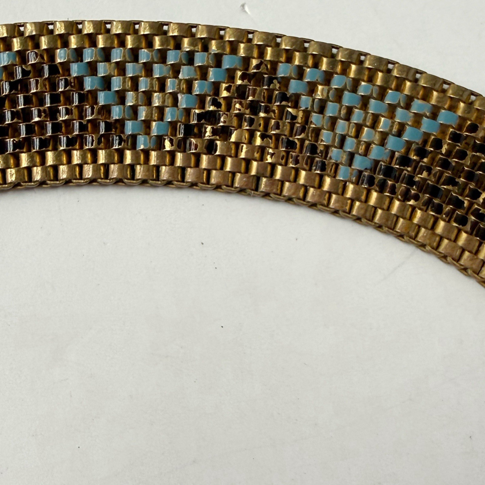 Antique Art Deco Egyptian Revival Enamel Geometric Mesh Collar Necklace 16”