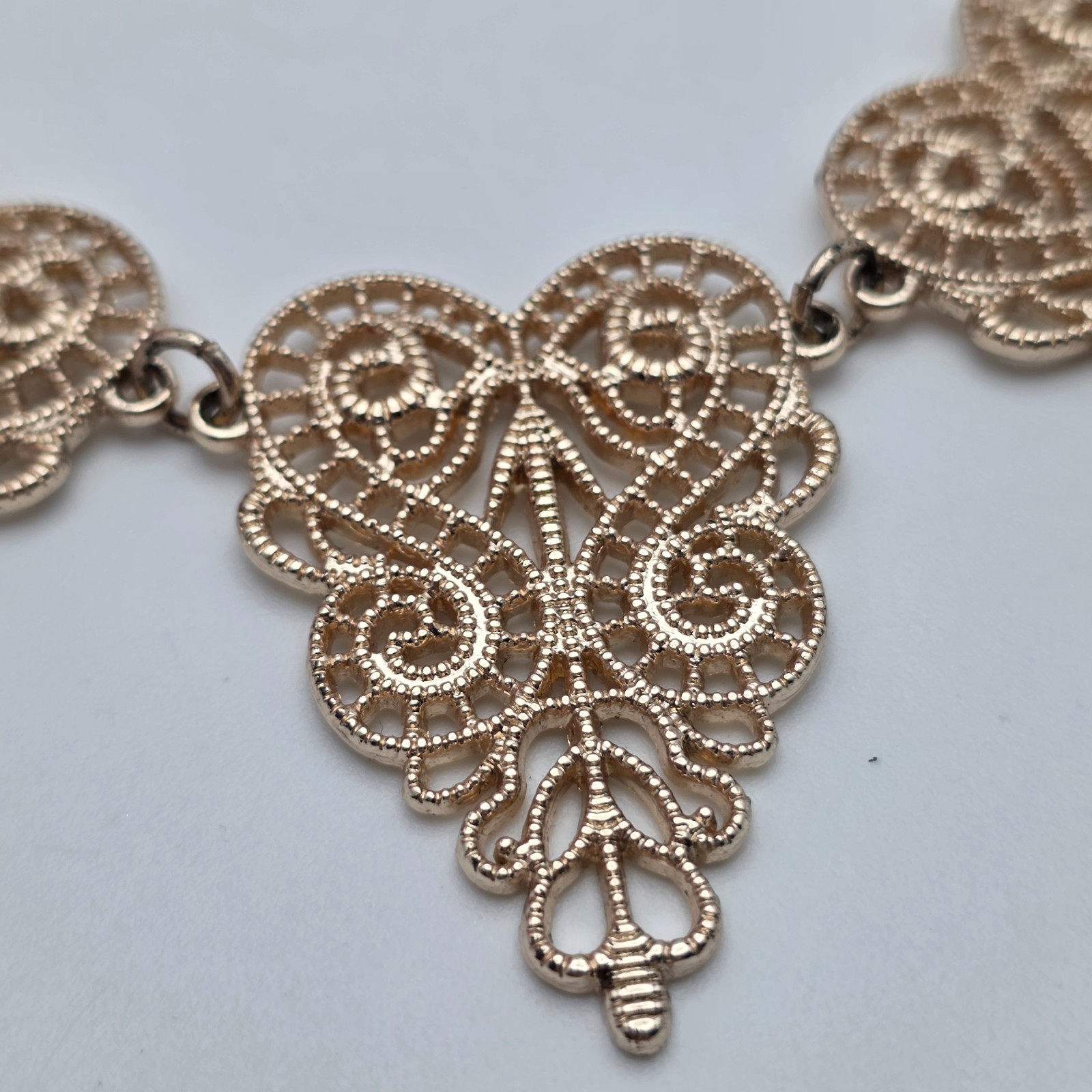 Gold Tone Filigree Heart Panel Link Necklace 17.5 in