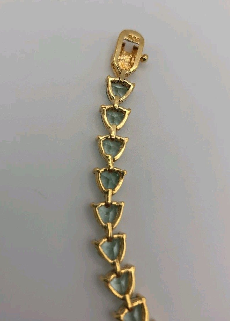 Aqua Blue Green Gold Vermeil Trillion Cut Faux Aquamarine Tennis Bracelet 6.75″