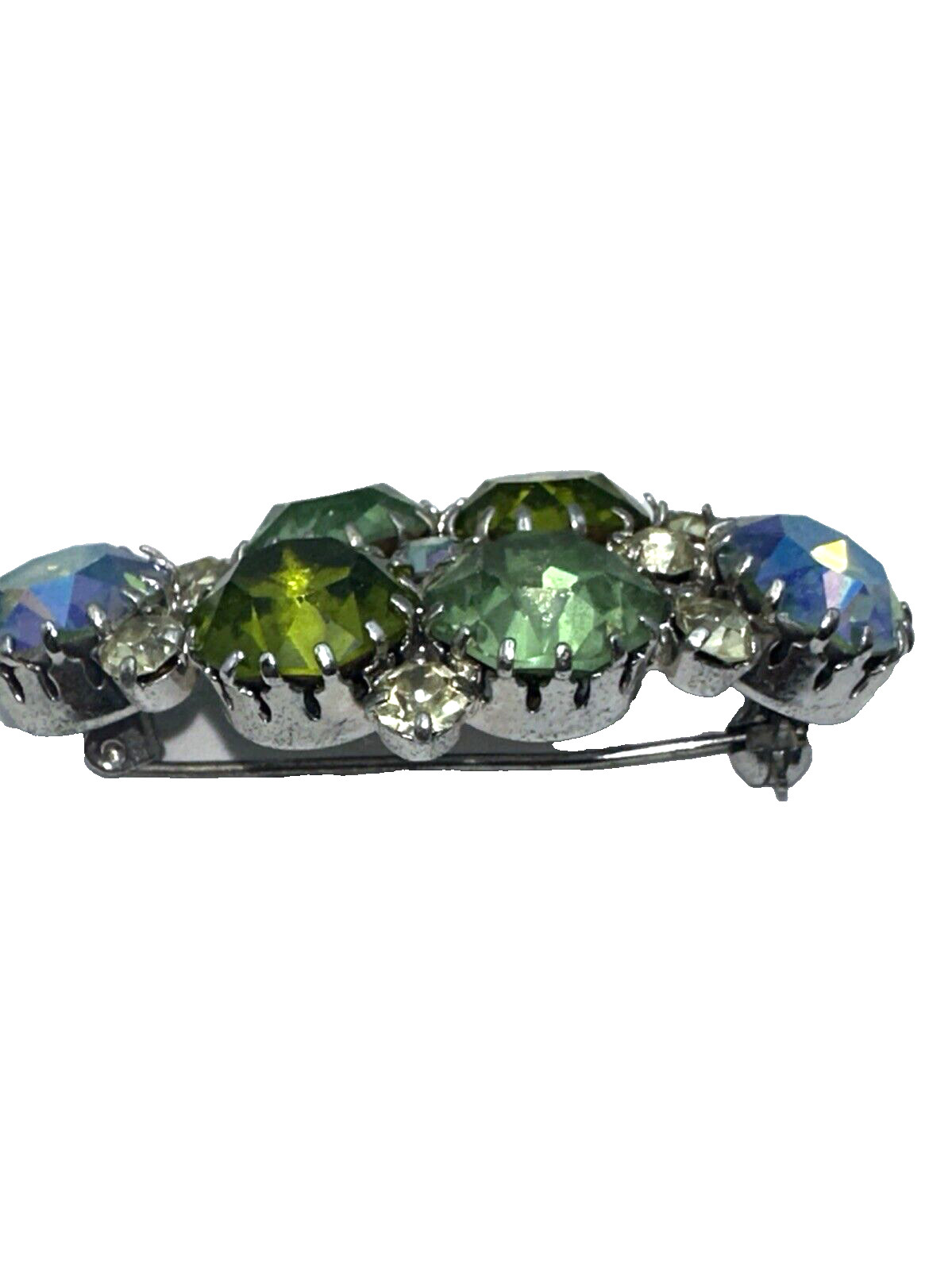 Vintage Austrian Rhinestone Brooch Faceted AB Green White Crystal Cluster Pin