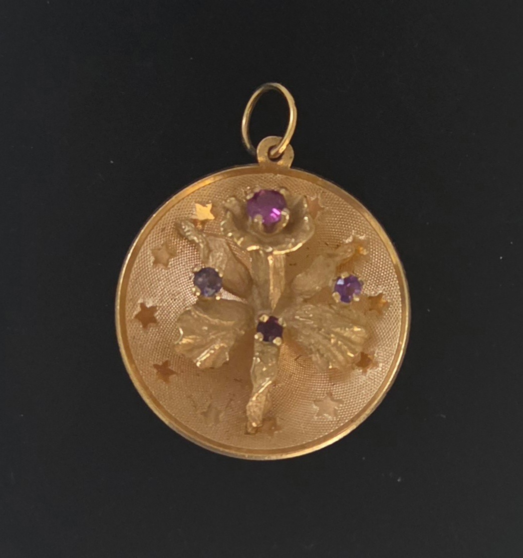 Vintage 14K 3d Orchid above a Field of Stars Pendant/Charm with Purple Stones