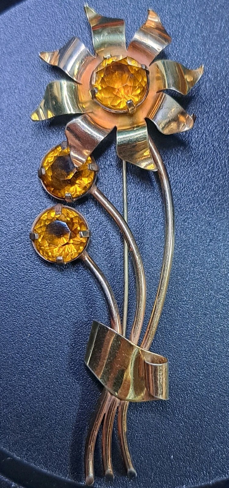 Huge 4″ Sterling Silver Gold Wash Flower Brooch Pin Amber Citrine Glass 16 Grams