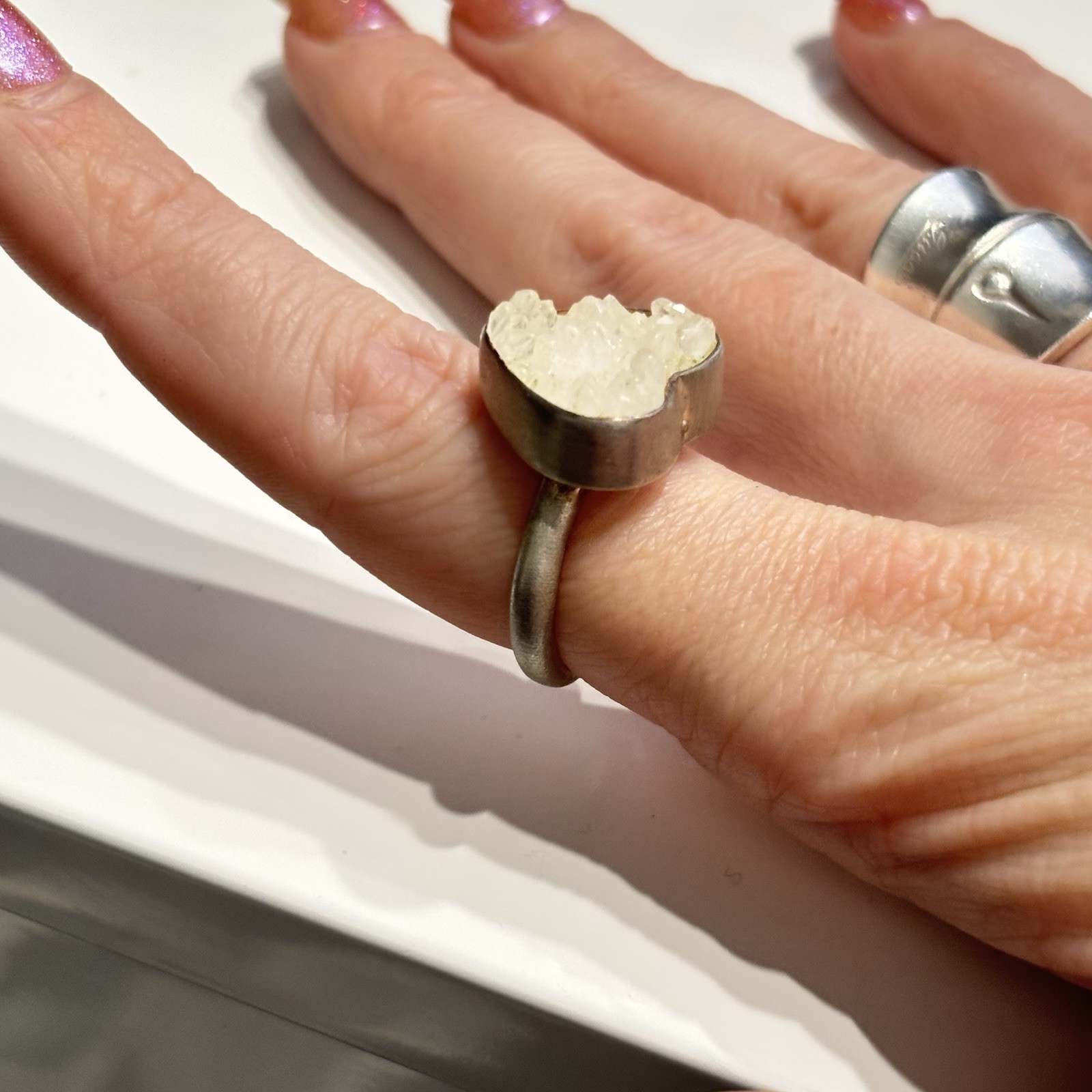 Vintage Brutalist TM 950 Sterling Silver Raw Geode Druzy Crystal Ring 8.5