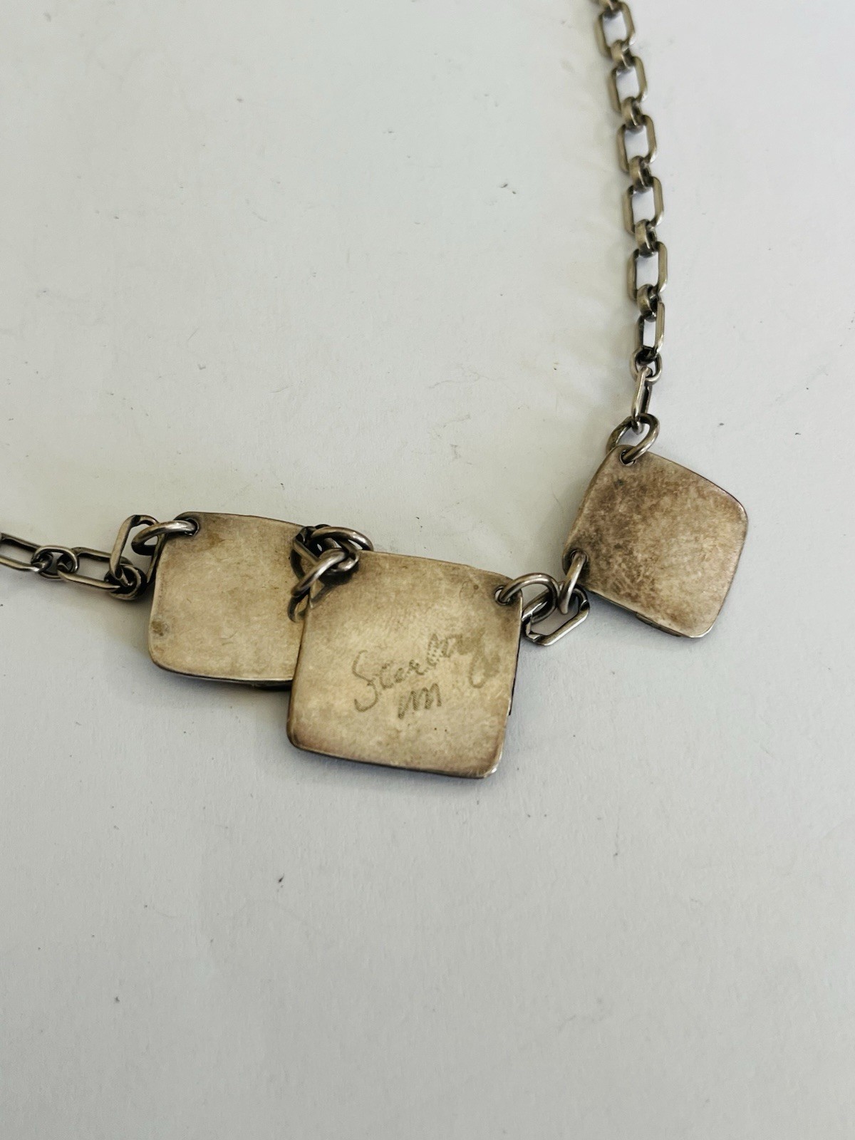 Vintage Signed MA Modernist Mixed Metal Sterling Silver Stone Link Necklace 20”