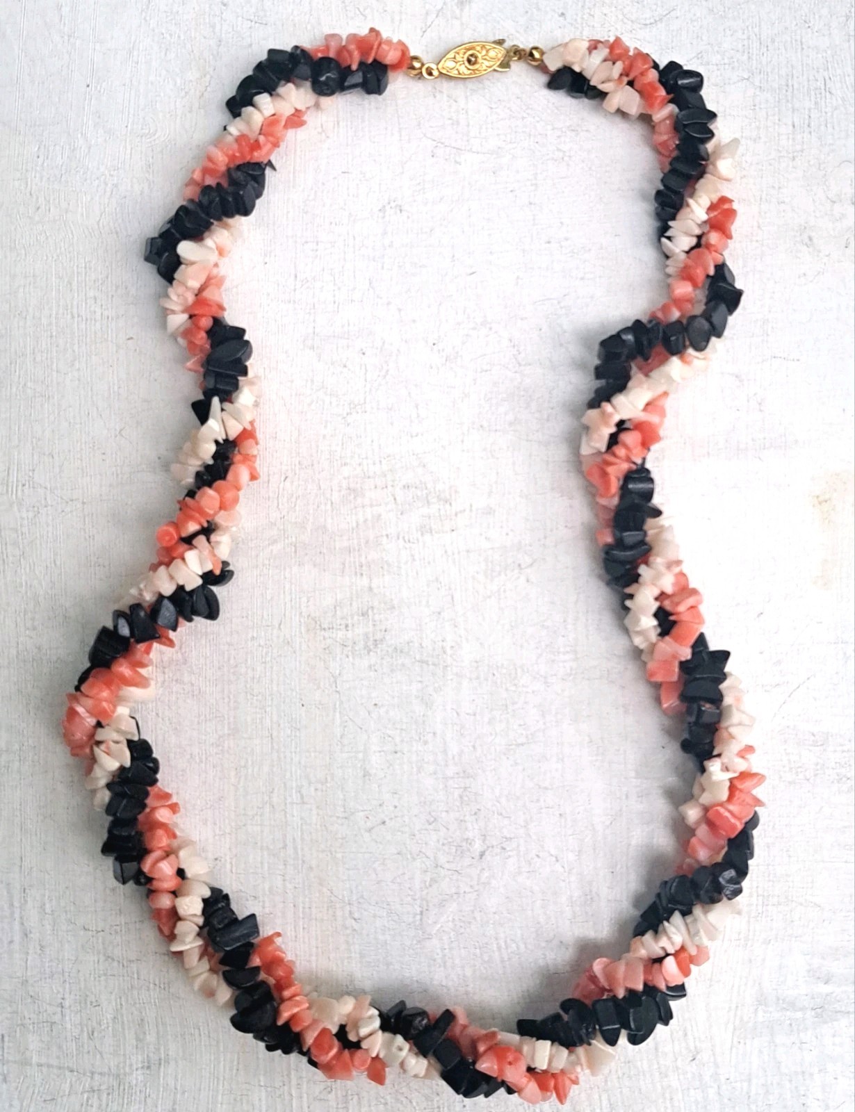 Gorgeous Pink Angelskin/Black/White Coral Necklace 19″ w/ Antique Fishhook Clasp