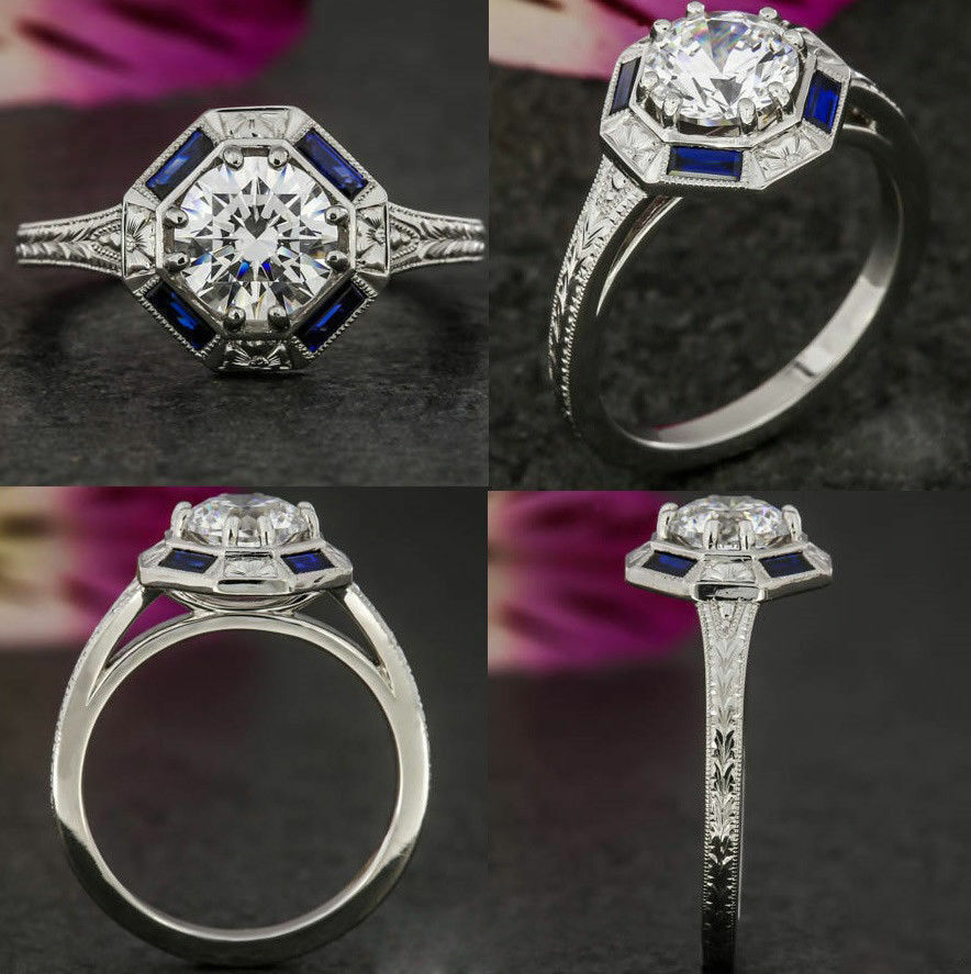 Art Deco Style 1.50Ct White Round Simulated Diamond Sterling Silver Wedding Ring