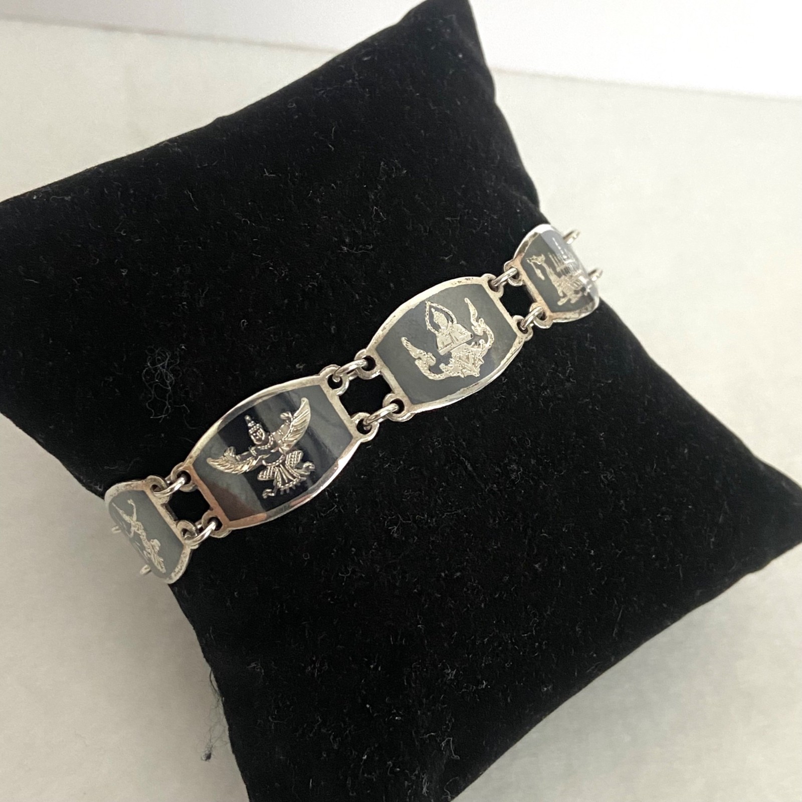 Signed SIAM Thai Sterling Silver 925 Black Niello Garuda Panel Bracelet 6.75″