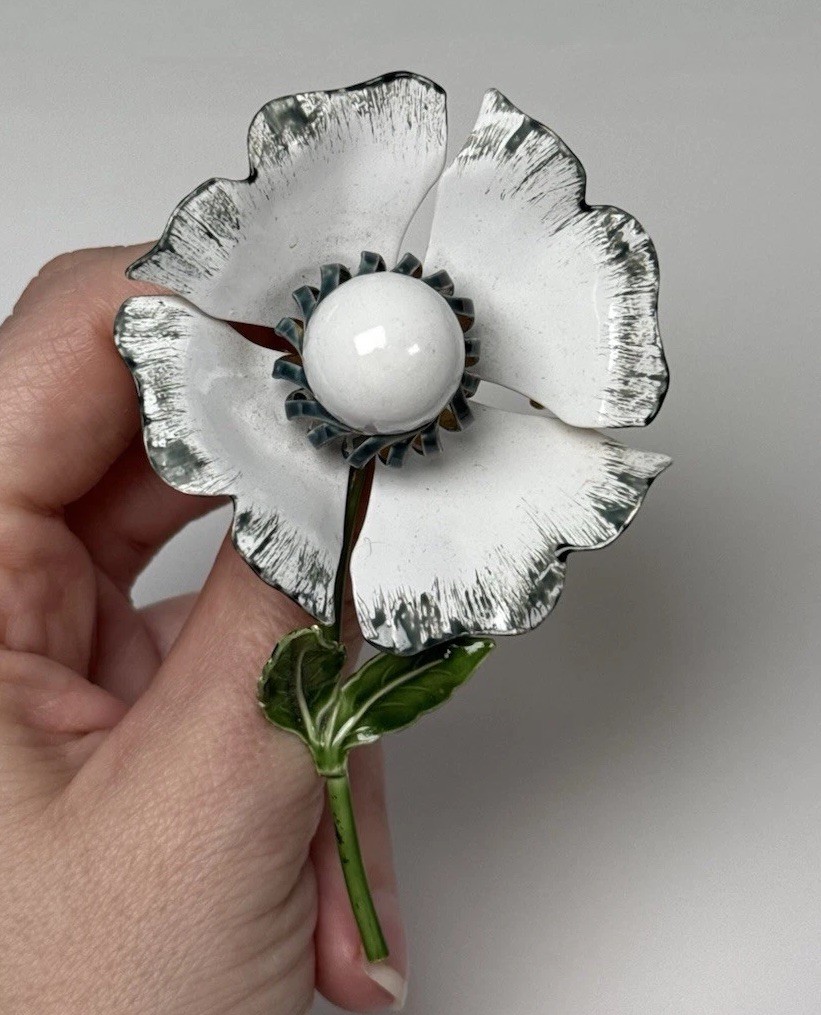 Vintage Enamel Flower Brooch Pin Original By Robert White Blue Green Large 3.5”