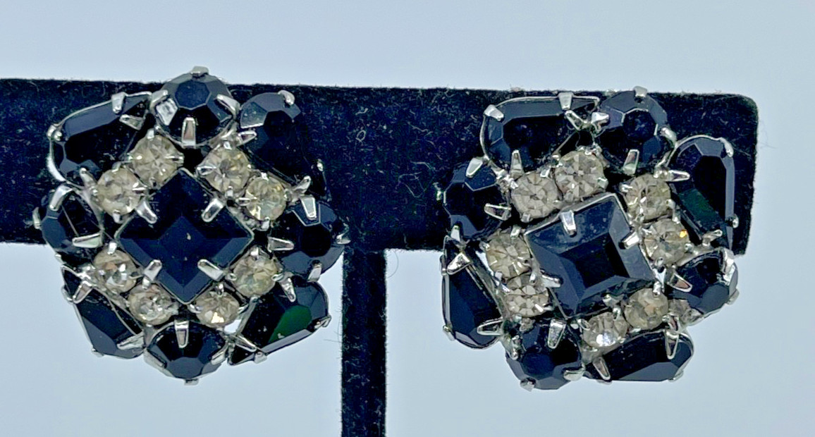 Vintage 60’S Black Clear Rhinestone Baguette Clip-On Earrings Faux Onyx